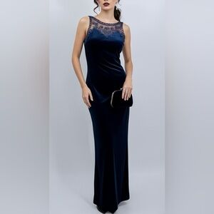 SCOTT MCCLINTOCK Vintage 90s Navy Velvet Soutache Illusion Gown